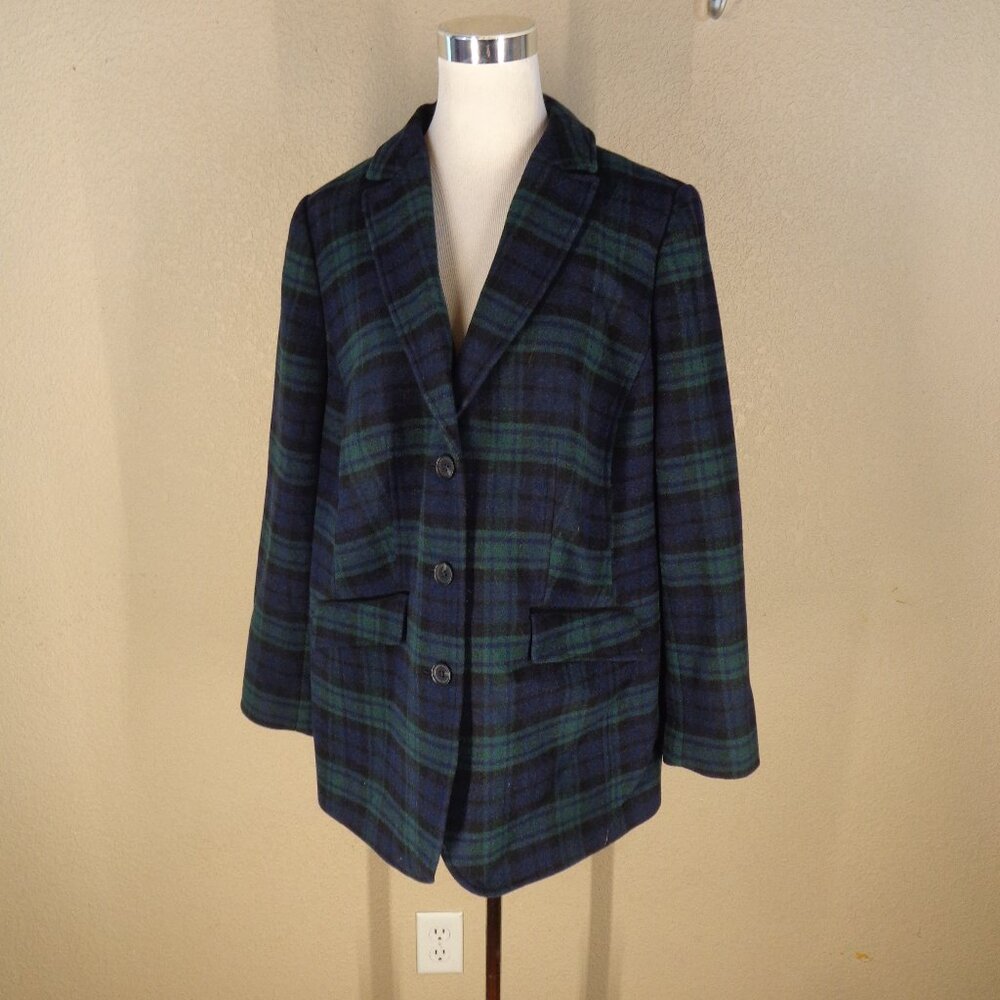 Talbots Plus 14W Navy Blue Dark Green Plaid Tartan Single Button Blazer Jacket - Picture 3 of 5